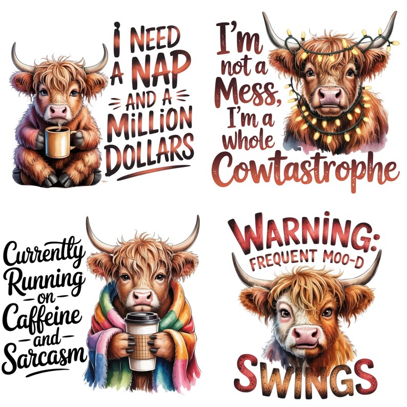 30+ Funny Highland Cow PNG Bundle, Sassy Highland Cow Sublimation Design, Sarcastic Cow Quotes PNG, Cow Lover Shirt Design, Digital Download image 4
