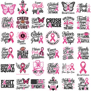 Puede incluir: Una colección de treinta diseños gráficos en negro y rosa con temas de concienciación sobre el cáncer de mama, que incluyen cintas rosas, mariposas, balones de fútbol, anclas y textos inspiradores como 'Find a Cure' y 'Hope'.