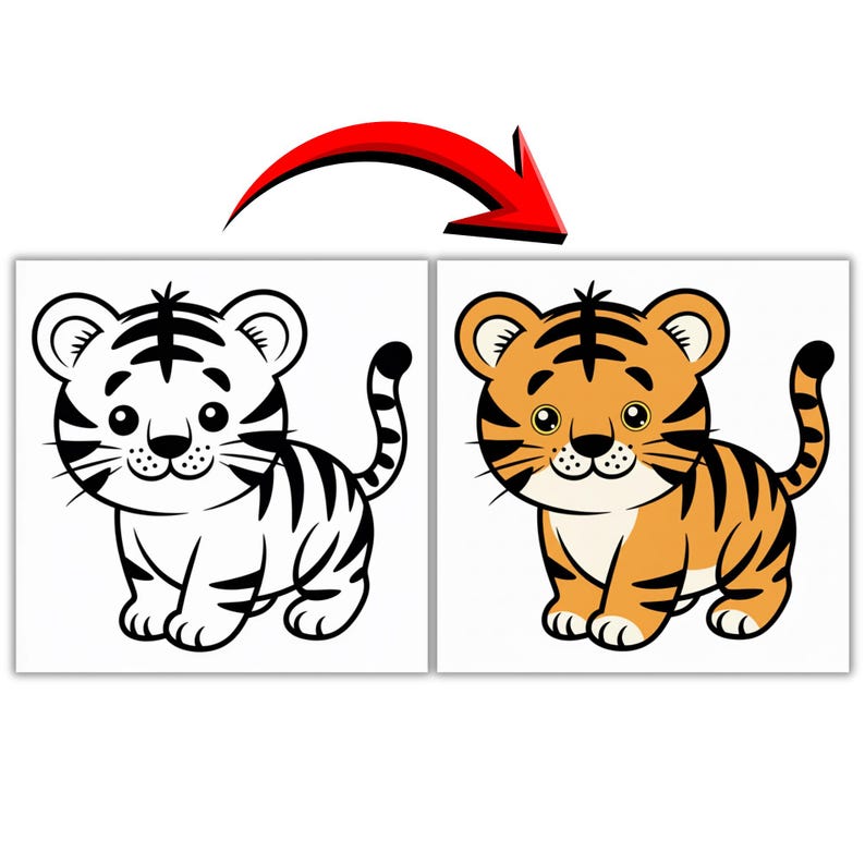 Puede incluir: Dos ilustraciones cuadradas de un cachorro de tigre de dibujos animados. Una es un contorno en blanco y negro, la otra est&aacute; coloreada con naranja, negro y blanco. Una flecha roja apunta de la imagen en blanco y negro a la imagen en color.