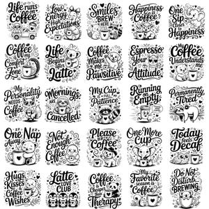 Pode incluir: Uma coleção de vinte e cinco designs gráficos em preto e branco apresentando vários animais como bichos-preguiça, elefantes e pandas segurando canecas de café. Cada design inclui tipografia caprichosa com frases como Life runs on coffee, Happiness is coffee e Running on empty, organizados em uma grade de cinco por cinco.