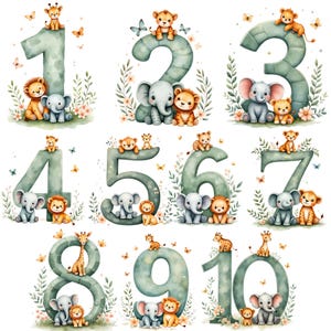 May include: Watercolor illustrations of numbers 1 through 10, each in a soft green hue, adorned with adorable jungle animals. Each number features a different combination of a lion, elephant, giraffe, and butterflies, creating a charming and playful design.