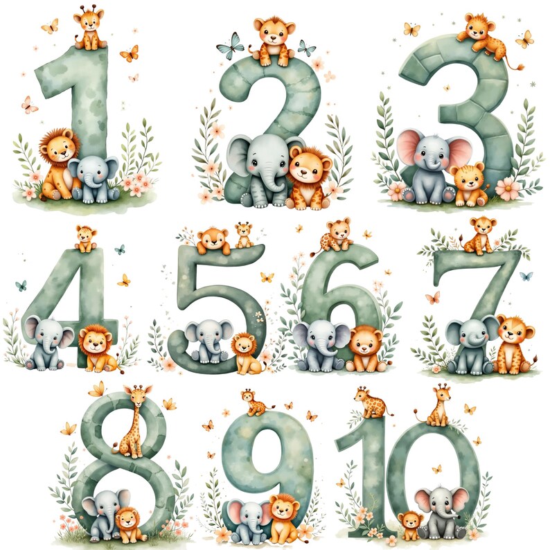 May include: Watercolor illustrations of numbers 1 through 10, each in a soft green hue, adorned with adorable jungle animals. Each number features a different combination of a lion, elephant, giraffe, and butterflies, creating a charming and playful design.