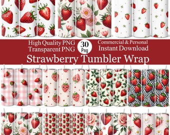 30 Watercolor Strawberry Tumbler Wrap Bundle, Strawberry Floral Digital Papers, Berry Sweet Seamless Pattern, Printable Scrapbook Paper Pack