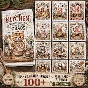 May include: A collection of white waffle-textured kitchen towels featuring various illustrations of animals like cats, pigs, and raccoons, each paired with humorous text about cooking, baking, and kitchen chaos, framed by decorative floral borders.