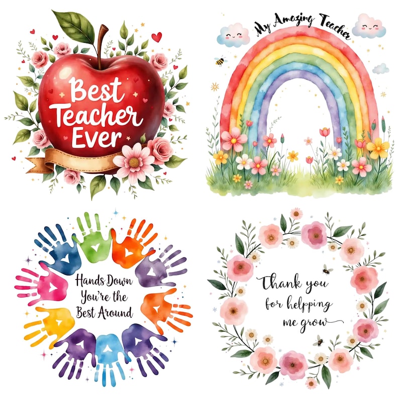 May include: A collection of watercolor illustrations with teacher appreciation themes. Includes a red apple with "Best Teacher Ever" text, a rainbow with "My Amazing Teacher", colorful handprints, and a floral wreath with text.