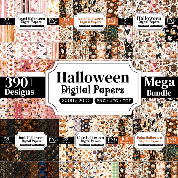 390+ Halloween Digital Papers Bundle, Pastel Halloween Papers, Dark Halloween Pages, Boho Halloween Backgrounds, Coquette Halloween Patterns