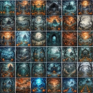 Puede incluir: Una colección digital de treinta y seis ilustraciones cuadradas que presentan escenas oscuras y atmosféricas de Halloween con castillos embrujados, puertas góticas, árboles desnudos, lunas llenas y calabazas naranjas.