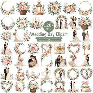 120+ Wedding Day Clipart PNG Bundle, Bride and Groom Clipart, Romantic Wedding Elements, Marriage Decor Graphics, Wedding Sublimation Png