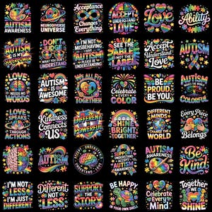Pode incluir: Uma coleção de trinta e cinco designs gráficos quadrados com peças de quebra-cabeça, corações e cérebros coloridos em arco-íris sobre um fundo preto. Cada design inclui textos inspiradores como Autism Awareness, Love e Be Kind.