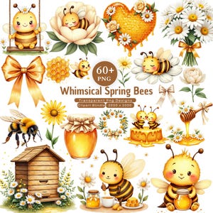 60+ Whimsical Spring Bee Garden Clipart Bundle, White Daisy Bumblebee PNG, Honeycomb Floral Clipart, Bee Garden Graphics, Digital Download