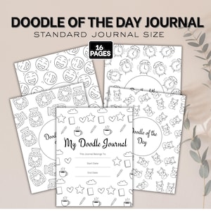 Könnte beinhalten: Ein schwarz-weißes "Doodle of the Day Journal" mit verschiedenen Kritzeldesigns, darunter Smileys, Uhren und Füchse. Das Journal hat 16 Seiten und ist in Standardgröße. Das Cover enthält Platz, um den Namen und die Daten des Besitzers einzutragen.