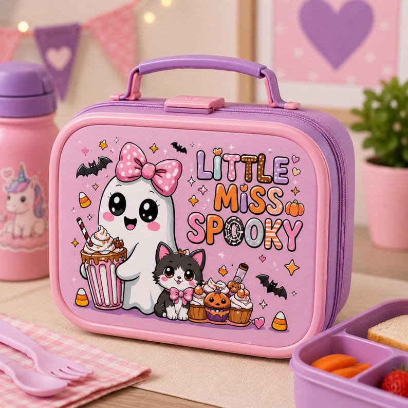 May include: A rectangular purple lunch box featuring a cartoon ghost with a pink polka dot bow, a black and white kitten, and the text Little Miss Spooky. The design includes Halloween-themed graphics like bats, candy corn, and cupcakes.