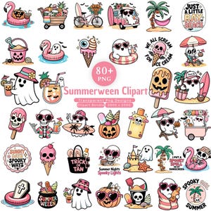 May include: A collection of 80+ digital clipart designs featuring ghosts, skeletons, and pumpkins in summer settings. The graphics include beach scenes, ice cream, surfboards, and tropical motifs with pink, orange, and black color palettes.