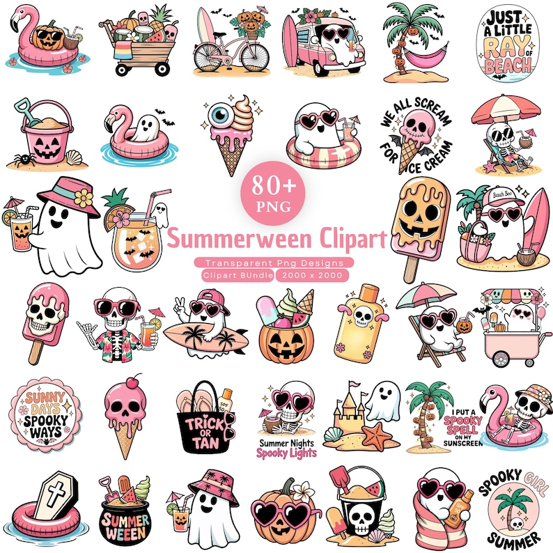 May include: A collection of 80+ digital clipart designs featuring ghosts, skeletons, and pumpkins in summer settings. The graphics include beach scenes, ice cream, surfboards, and tropical motifs with pink, orange, and black color palettes.