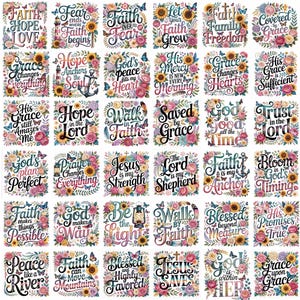 May include: A collection of thirty-six square graphic designs featuring inspirational religious quotes surrounded by colorful floral arrangements, sunflowers, butterflies, and various icons like lighthouses, anchors, lanterns, and crosses.