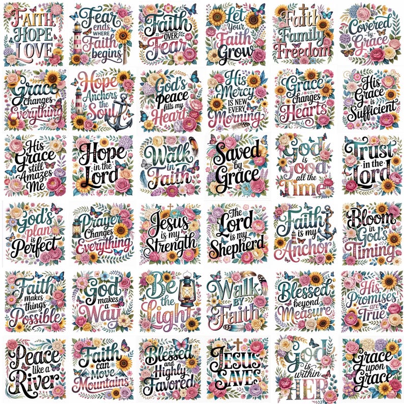 May include: A collection of thirty-six square graphic designs featuring inspirational religious quotes surrounded by colorful floral arrangements, sunflowers, butterflies, and various icons like lighthouses, anchors, lanterns, and crosses.
