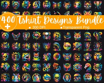 Colorful Neon Animal T-Shirt PNG Designs Bundle (Digital Download)