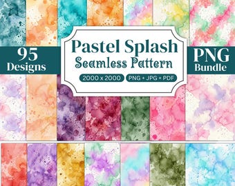 95 Pastel Splash Seamless Digital Paper Bundle, Watercolor Background Textures, Colorful Printable Scrapbook Papers, Digital Download