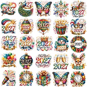 May include: A collection of twenty-five colorful digital illustrations featuring the text 2027 and New Year themes, including a peacock, butterfly, hot air balloon, snowman, reindeer, champagne glasses, gift box, clock, and various festive decorations.