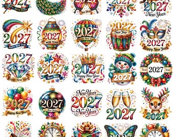 60 Clipart-Dateien zum Thema „Frohes Neues Jahr 2027“ (PNG-Bundle), Designs für das neue Jahr 2027, Grafiken für die Neujahrsfeier, Party-PNGs für 2027, festliche Neujahrs-Cliparts