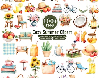 Cozy Summer Clipart  Bundle, Watercolor Beach Clipart, Coastal Aesthetic Graphics, Summer Vacation PNG, Cute Summer Design, Instant Download