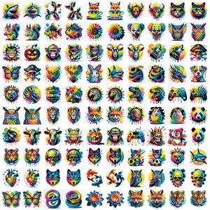 May include: A collection of colorful, stylized animal and object illustrations. The images include a shark, squirrel, fish, sunflower, clown, owl, butterfly, skull, deer, rabbit, shark, bear, dragon, dog, lion, fox, frog, monkey, and more.