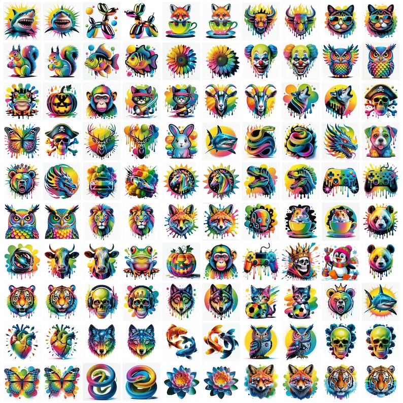 May include: A collection of colorful, stylized animal and object illustrations. The images include a shark, squirrel, fish, sunflower, clown, owl, butterfly, skull, deer, rabbit, shark, bear, dragon, dog, lion, fox, frog, monkey, and more.