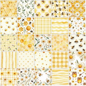 May include: A collection of twenty-five square digital paper patterns featuring yellow and white themes. Designs include honeycombs, daisies, bees, gingham checks, stripes, polka dots, and jars of honey with wooden dippers in watercolor style.