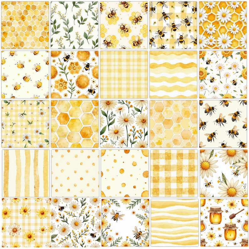 May include: A collection of twenty-five square digital paper patterns featuring yellow and white themes. Designs include honeycombs, daisies, bees, gingham checks, stripes, polka dots, and jars of honey with wooden dippers in watercolor style.
