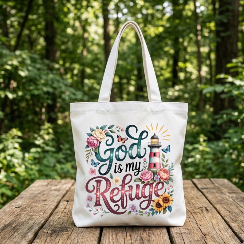 May include: A white canvas tote bag featuring a colorful graphic print with the text "God is my Refuge". The design includes a red and white striped lighthouse, various blooming flowers in shades of pink, yellow, and blue, and small butterflies.