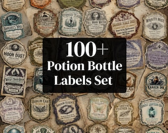 100+ Vintage Potion Bottle Labels Bundle, Apothecary Label PNG, Witch Bottle Stickers, Gothic Printable Labels, Digital Download