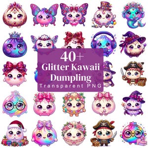 Puede incluir: Una colección de más de 40 ilustraciones digitales con personajes de albóndigas redondas de ojos grandes, decoradas con purpurina, lazos, sombreros y accesorios. El texto central morado dice 40+ Glitter Kawaii Dumpling Transparent PNG.