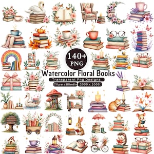 Może przedstawiać: Ilustracje akwarelowe przedstawiające stosy książek ozdobione kwiatami, motylami i innymi elementami dekoracyjnymi. Obraz zawiera tekst "Watercolor Floral Books" i "Transparent Png Designs".