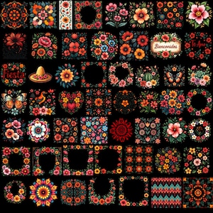 May include: A collection of colorful floral designs on a black background. The designs include wreaths, frames, and patterns with flowers in shades of red, orange, yellow, and pink. Some designs include text such as "Bienvenidos" and "Te Amo".