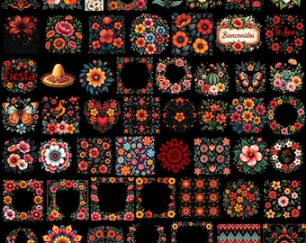 Mexican Fiesta Clipart Bundle, 100+ Otomi Talavera Flowers, Folk Art Animals, Boho Floral Borders Wreath,Bright Fiesta PNG, Digital Download