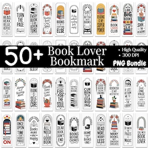Puede incluir: Una colección de más de 50 marcadores con citas e ilustraciones sobre libros. Cada marcador presenta un diseño único con frases como "Reading fuels my soul" y "Books are my escape."