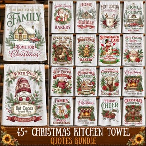 Puede incluir: Una colección de paños de cocina blancos con diversas ilustraciones navideñas que incluyen a Santa, muñecos de nieve, gnomos, chocolate caliente y cabañas festivas con textos como The Greatest Gift Is Family y North Pole Hot Cocoa.
