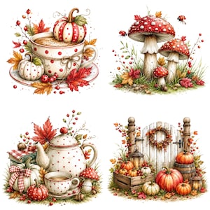 May include: A collection of four watercolor illustrations featuring autumn themes. The images include a polka-dot teacup with pumpkins, red-capped mushrooms in foliage, a teapot with pumpkins and a teacup, and a white wooden gate with pumpkins.