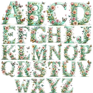 May include: A full alphabet of floral letters in a watercolor style. Each letter is a light teal color and adorned with a variety of flowers in pink, peach, and white, with green leaves and butterflies. The letters are arranged in rows.