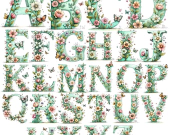 36 Watercolor Floral Alphabet Clipart Bundle, A-Z and 0-9 Flower