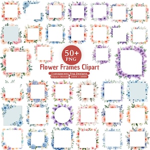 Pode incluir: Uma coleção de mais de 50 molduras digitais de flores em várias formas e tamanhos, com arranjos florais em estilo aquarela em tons de azul, rosa, roxo e laranja. O texto diz 50+ PNG Flower Frames Clipart Transparent Png Designs Clipart Bundle 2000 x 2000.