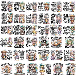 May include: A collection of thirty-six individual square stickers featuring cartoon illustrations of elderly women, cats, raccoons, frogs, ducks, and highland cows, each paired with humorous text phrases about coffee, retirement, and daily life.