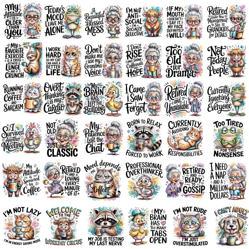 May include: A collection of thirty-six individual square stickers featuring cartoon illustrations of elderly women, cats, raccoons, frogs, ducks, and highland cows, each paired with humorous text phrases about coffee, retirement, and daily life.