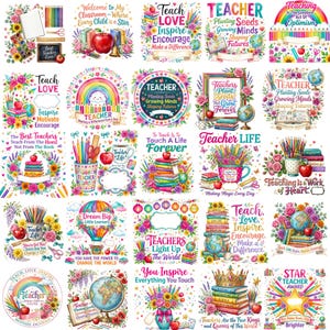 Può includere: Una collezione di venticinque illustrazioni digitali quadrate con disegni a tema insegnanti. Ogni immagine include vivaci composizioni floreali, materiale scolastico come matite e mappamondi, e testi motivazionali come Teach, Love, Inspire.