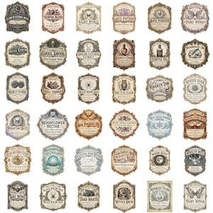 May include: A collection of thirty-six rectangular and ornate apothecary labels featuring vintage-style typography and illustrations. Each label displays unique names like Elixir of Eternal Night, Vampire Blood, and Fairy Wings with intricate borders.