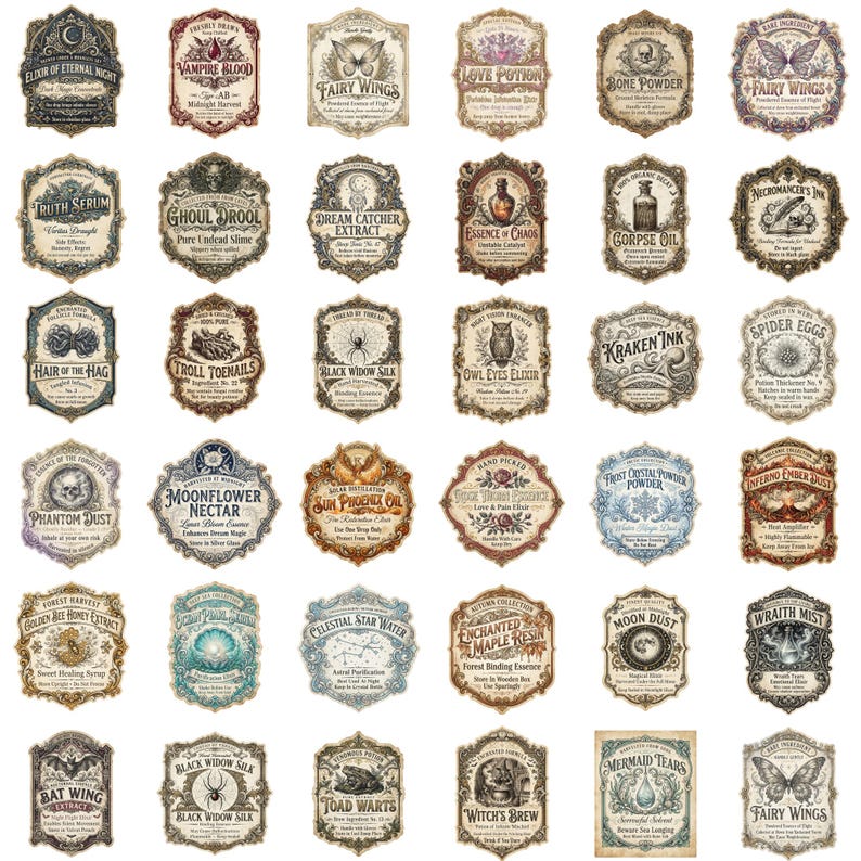 May include: A collection of thirty-six rectangular and ornate apothecary labels featuring vintage-style typography and illustrations. Each label displays unique names like Elixir of Eternal Night, Vampire Blood, and Fairy Wings with intricate borders.