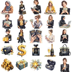 Könnte beinhalten: Eine Sammlung digitaler Illustrationen mit Frauen mit Geld, Luxusartikeln und Finanzsymbolen. Die Bilder zeigen Geldbündel, Goldbarren, eine Kreditkarte, einen Parfümflakon, eine Champagnerflasche und eine Designertasche.