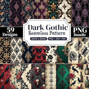 Puede incluir: Una colección digital de 59 patrones sin costuras con motivos oscuros como candelabros, mariposas negras, rosas, calaveras, cuervos y damasco. El texto dice Dark Gothic Seamless Pattern 2000 x 2000 PNG + JPG + PDF.