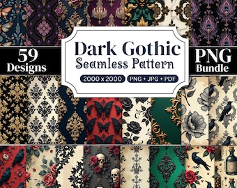 59 Dark Gothic Seamless Pattern Bundle, Vintage Gothic Digital Papers, Vampire Floral Backgrounds, Dark Academia Junk Journal Papers Png