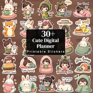 May include: A collection of 30+ digital planner stickers featuring cartoon characters, animals, and text. The designs include rabbits, people, and food items with phrases like matcha break, too tired, eat well, comfort food, and slow living.